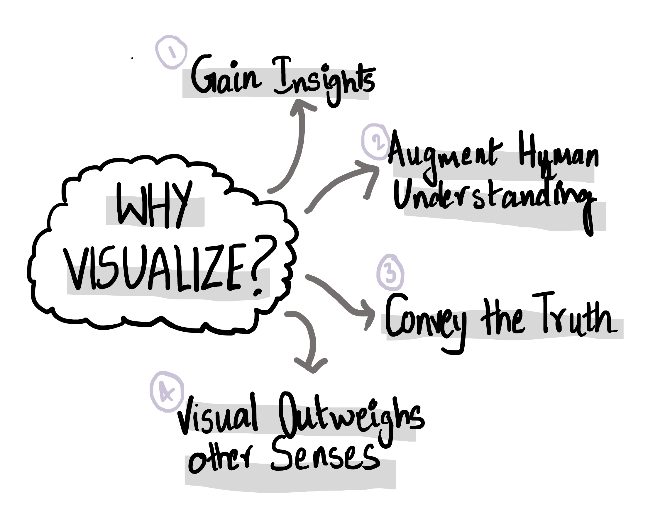 Why visualize: convey the truth, gain insight, visual outweighs other senses, augment human understanding